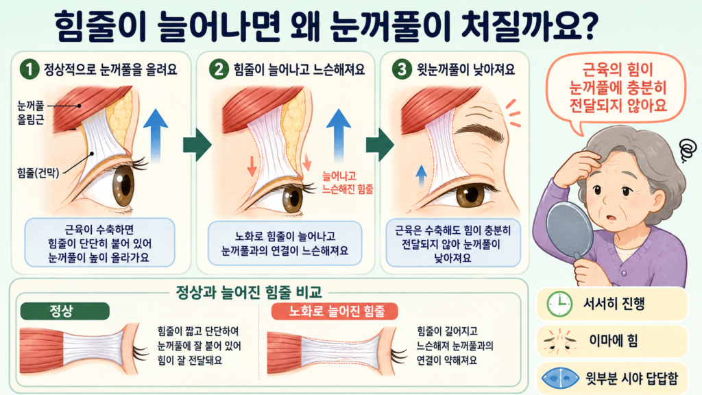 정상적으로 눈꺼풀을 들어 올리는 힘줄과 노화로 늘어나 눈꺼풀이 내려온 상태를 비교해 설명한 가로형 일러스트