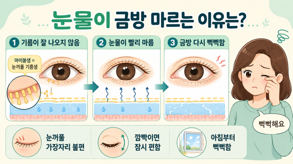 눈꺼풀 기름샘의 기름층이 부족해 눈물이 빠르게 증발하는 과정을 초보자와 학생도 이해하기 쉽게 설명한 가로형 일러스트