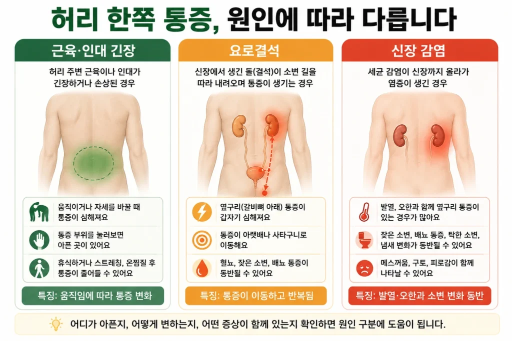허리 근육과 인대 긴장은 허리 아래 넓은 부위, 요로결석은 옆구리에서 사타구니로 이어지는 경로, 신장 감염은 갈비뼈 아래 옆구리 통증과 발열·소변 변화로 구분한 이미지 