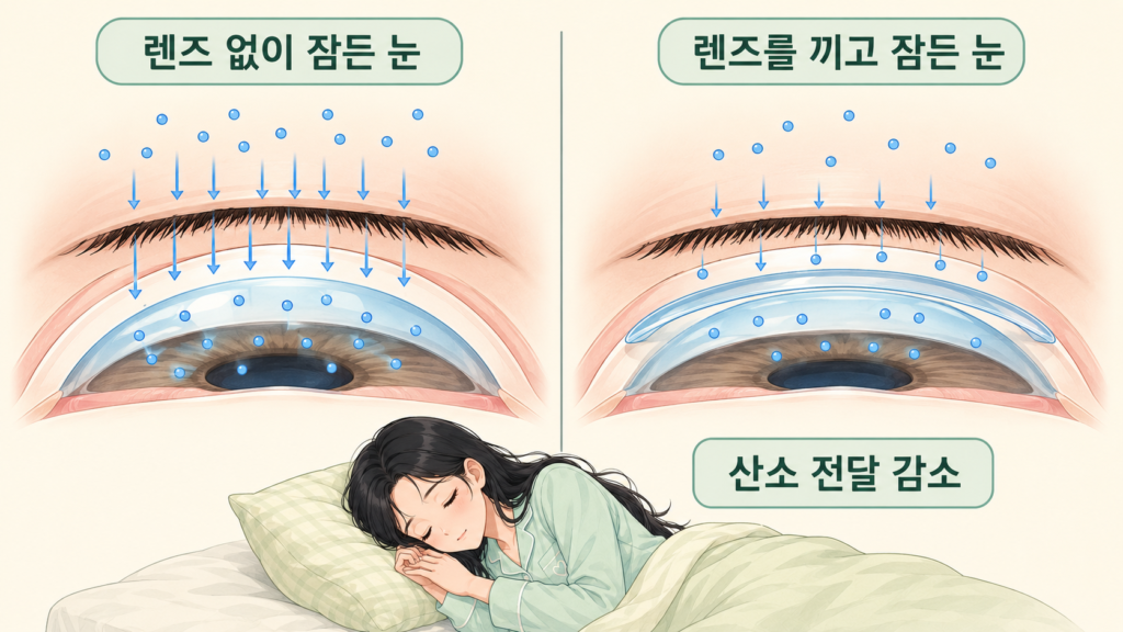 렌즈 없이 잠든 눈과 렌즈를 착용하고 잠든 눈의 산소 전달 차이를 비교해 보여주는 가로형 일러스트
