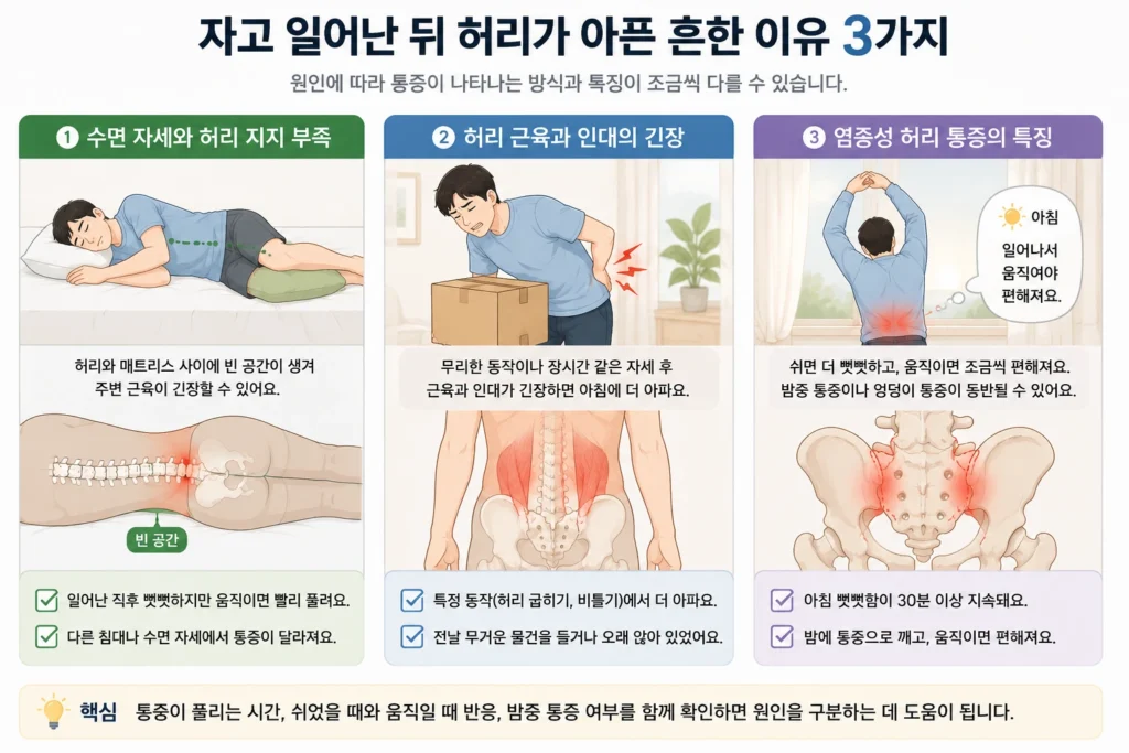 자고 일어난 뒤 허리가 아픈 원인을 수면 자세와 허리 지지 부족, 허리 근육과 인대 긴장, 염증성 허리 통증의 특징으로 나누어 비교한 이미지