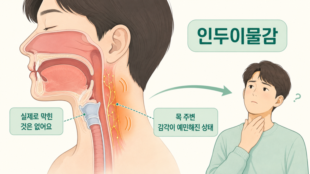 실제로 목이 막힌 것은 아니지만, 목 주변 감각이 예민해져 무언가 걸린 듯 느끼는 상태를 표현했습니다.