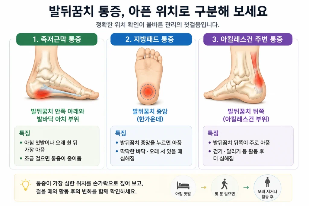 족저근막 통증은 발뒤꿈치 안쪽 아래, 지방패드 통증은 발뒤꿈치 중앙, 아킬레스건 통증은 발뒤꿈치 뒤쪽에 나타나는 차이를 간단히 비교한 이미지