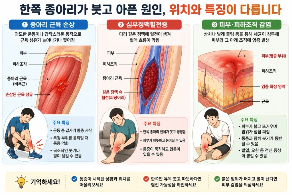 종아리 근육 손상은 근육층, 심부정맥혈전증은 다리 깊은 정맥, 피부와 피하조직 감염은 피부층과 그 아래 조직에 나타나는 위치 차이를 단면으로 비교한 이미지