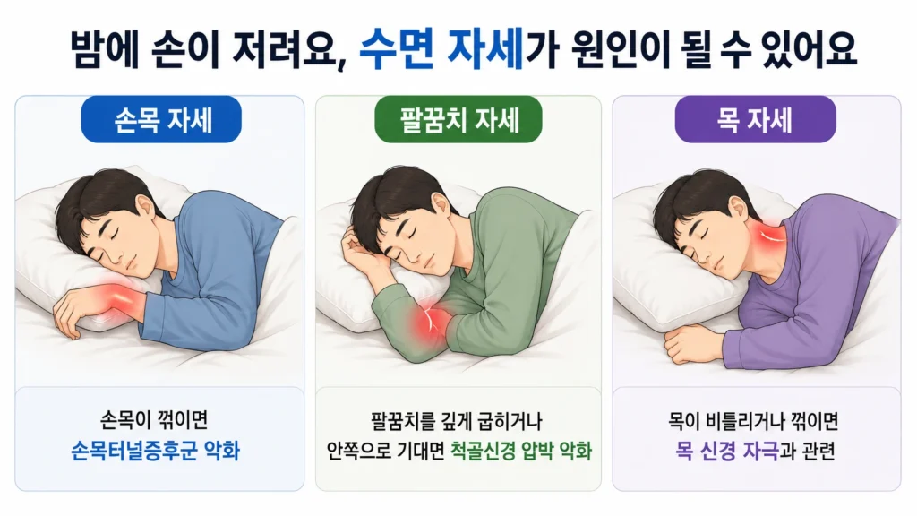 잠잘 때 손목이 꺾인 자세, 팔꿈치를 깊게 굽힌 자세, 목이 비틀린 자세가 각각 손목터널증후군·척골신경 압박·목 신경 자극을 악화시킬 수 있음을 비교한 이미지