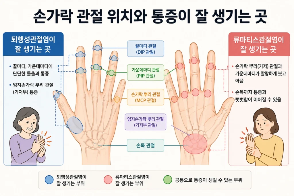 퇴행성관절염은 손가락 끝마디·가운데마디와 엄지손가락 뿌리 관절, 류마티스관절염은 손가락 뿌리 관절·가운데마디와 손목에 주로 나타나는 위치 차이를 간단히 비교한 이미지