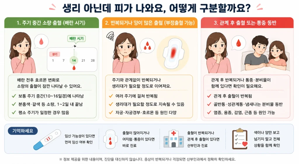 생리 주기 중간에 잠깐 나타난 소량 출혈, 반복되거나 양이 많은 출혈, 관계 후 출혈이나 통증이 동반된 상황을 각각 쉬운 장면과 핵심 문장으로 비교한 이미지