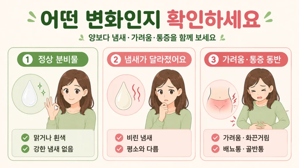 정상 분비물, 냄새가 달라진 분비물, 가려움이나 통증이 동반된 경우를 3칸으로 비교한 질 분비물 변화 안내 이미지
