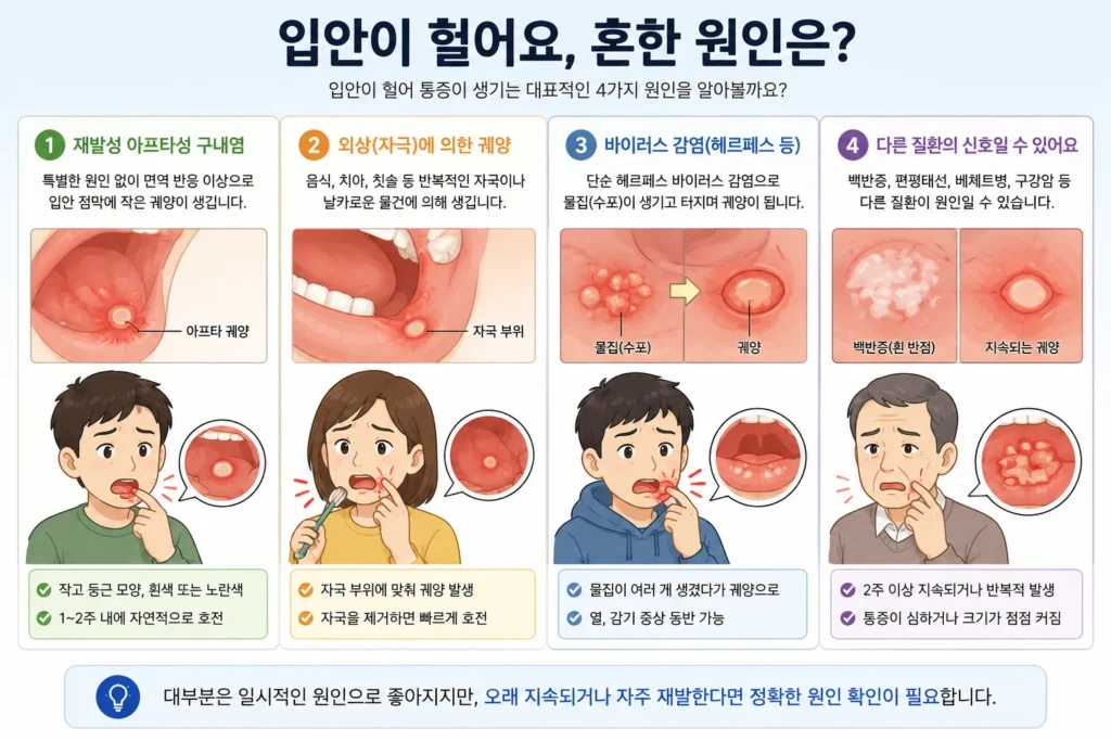 재발성 아프타성 구내염, 입안 자극, 바이러스 감염, 다른 질환 가능성을 네 가지로 비교한 입안 상처 원인 안내 이미지
