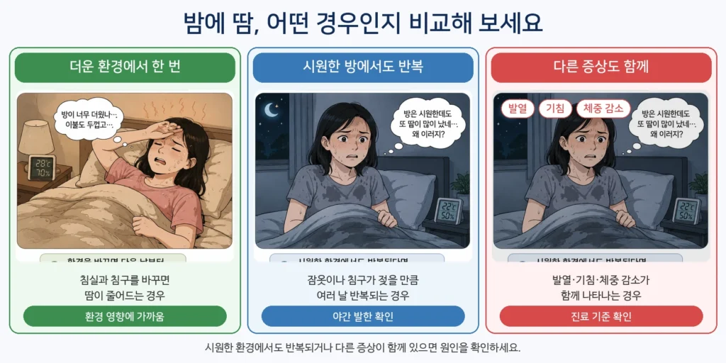 더운 환경에서 한 번 땀을 흘린 경우, 시원한 환경에서도 잠옷과 침구가 젖도록 반복되는 경우, 발열·기침·체중 감소가 함께 나타나는 경우를 세 장면으로 비교한 이미지
