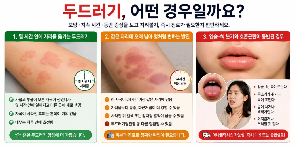 몇 시간 안에 사라졌다 다른 부위로 옮겨가는 두드러기, 같은 자리에 하루 이상 남아 멍처럼 변하는 발진, 입술·혀·목 붓기와 호흡곤란이 동반된 응급 상황을 세 장면으로 비교한 이미지