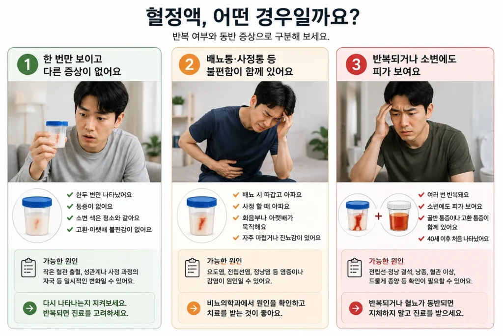 혈정액이 한 번만 보이고 다른 증상이 없는 경우, 배뇨통이나 사정통이 함께 있는 경우, 반복되거나 소변에도 피가 보이는 경우를 세 가지로 비교한 이미지