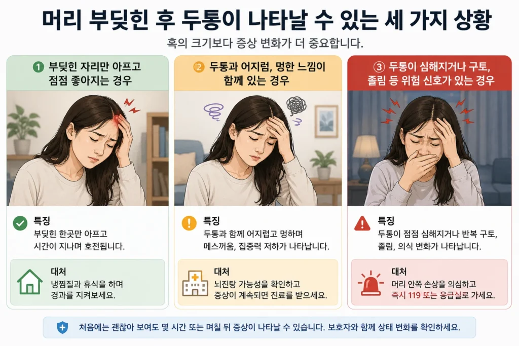 머리를 부딪힌 뒤 부딪힌 자리만 아프고 좋아지는 경우, 두통과 어지럼·멍한 느낌이 함께 있는 경우, 두통 악화와 구토·졸림 등 위험 신호가 나타나는 경우를 세 가지로 비교한 이미지