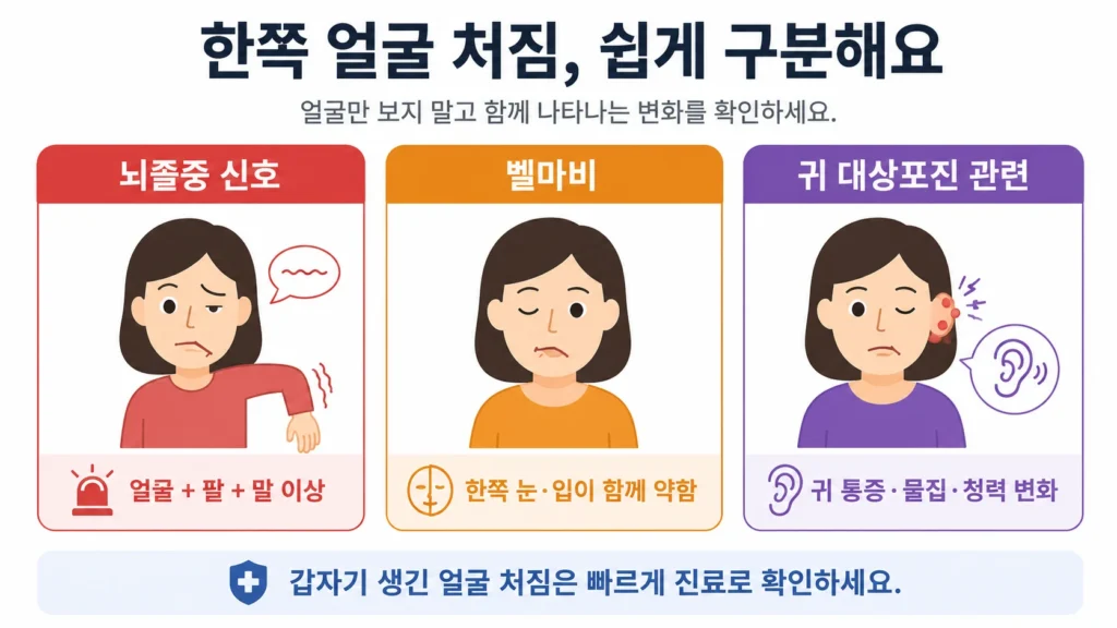 한쪽 얼굴 처짐과 팔·말하기 이상이 함께 나타나는 뇌졸중 신호, 한쪽 눈과 입이 함께 약해지는 벨마비, 귀 통증·물집·청력 변화가 동반되는 안면마비를 세 장면으로 간단히 비교한 이미지 