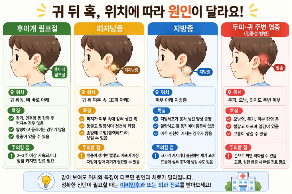 귀 뒤 혹의 원인인 후이개 림프절, 피지낭종, 지방종, 두피·귀 주변 염증의 위치를 비교한 의료 일러스트