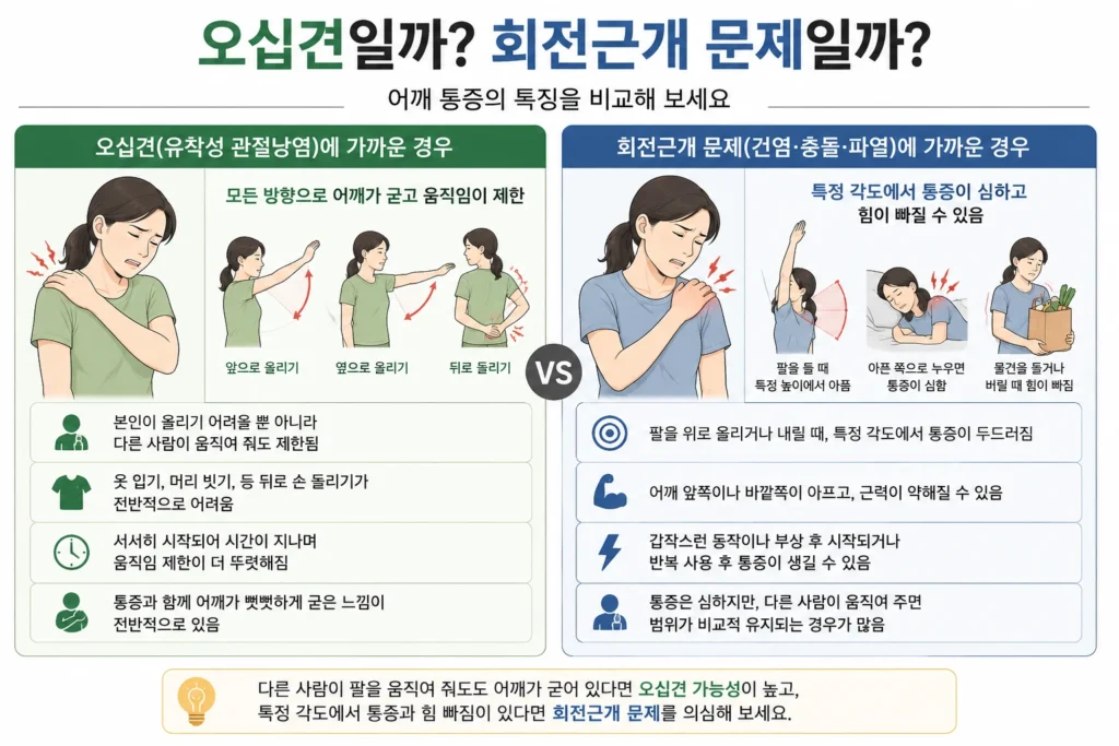 다른 사람이 팔을 움직여 줘도 모든 방향으로 어깨가 굳어 있는 오십견과 특정 각도에서 통증과 힘 빠짐이 나타나는 회전근개 문제를 비교한 이미지