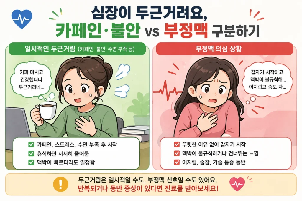 카페인·불안·수면 부족 후 시작되어 쉬면 줄어드는 일시적인 두근거림과, 이유 없이 갑자기 시작되고 맥박이 불규칙하며 어지럼·숨참·가슴 통증이 동반되는 부정맥 의심 상황을 비교한 이미지