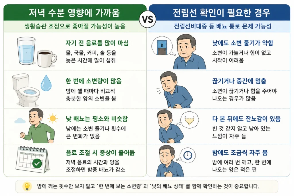 저녁 수분 섭취로 밤에 한 번에 많은 소변을 보는 경우와 낮에도 소변 줄기가 약하고 잔뇨감이 있어 전립선 확인이 필요한 경우를 비교한 이미지
형식: WEBP
