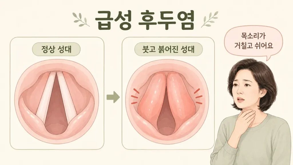 정상 성대와 급성 후두염으로 붓고 붉어진 성대를 비교한 이미지