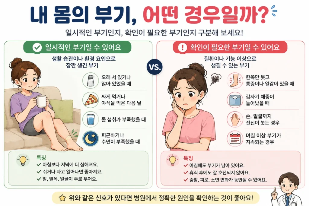 오래 서 있거나 짠 음식을 먹은 뒤 잠깐 생기는 부기와 여러 날 지속되며 한쪽 통증·체중 증가·전신 부종이 동반되는 확인이 필요한 부기를 비교한 이미지