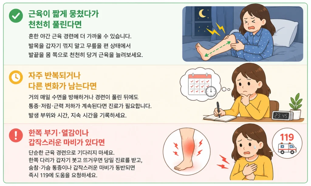 짧게 풀리는 야간 다리 경련, 자주 반복되며 저림과 근력 저하가 남는 경우, 한쪽 부기·열감이나 갑작스러운 마비가 동반되는 경우를 세 단계로 설명한 이미지