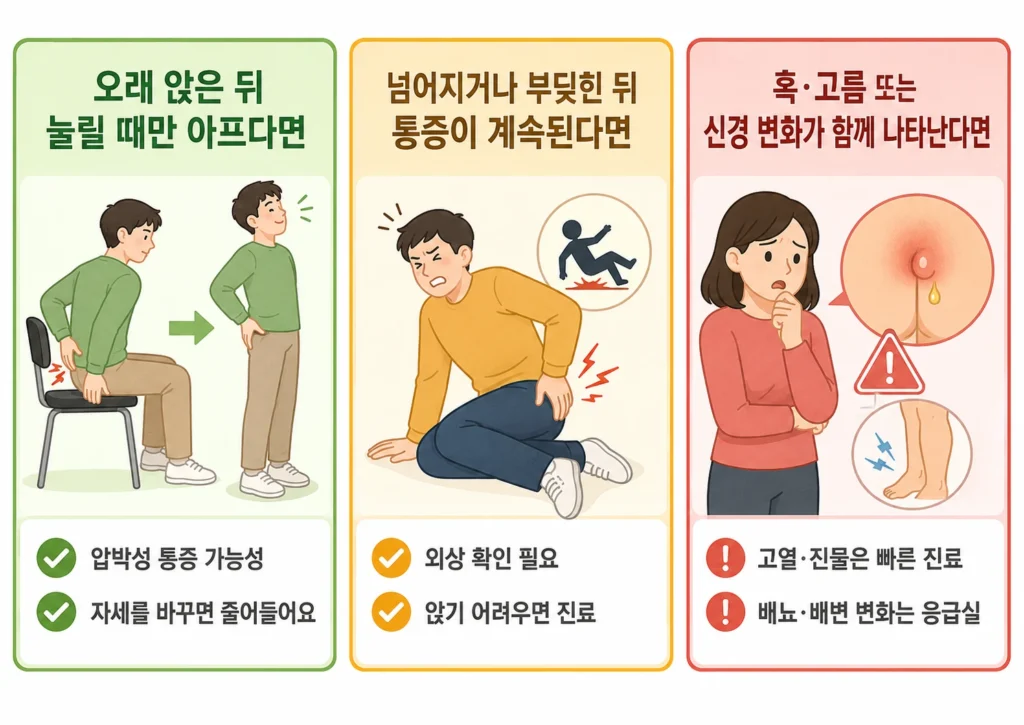 오래 앉은 뒤 눌릴 때만 아픈 꼬리뼈 통증, 넘어지거나 부딪힌 뒤 계속되는 통증, 혹·고름이나 신경 변화가 동반되는 경우를 3칸으로 구분한 이미지