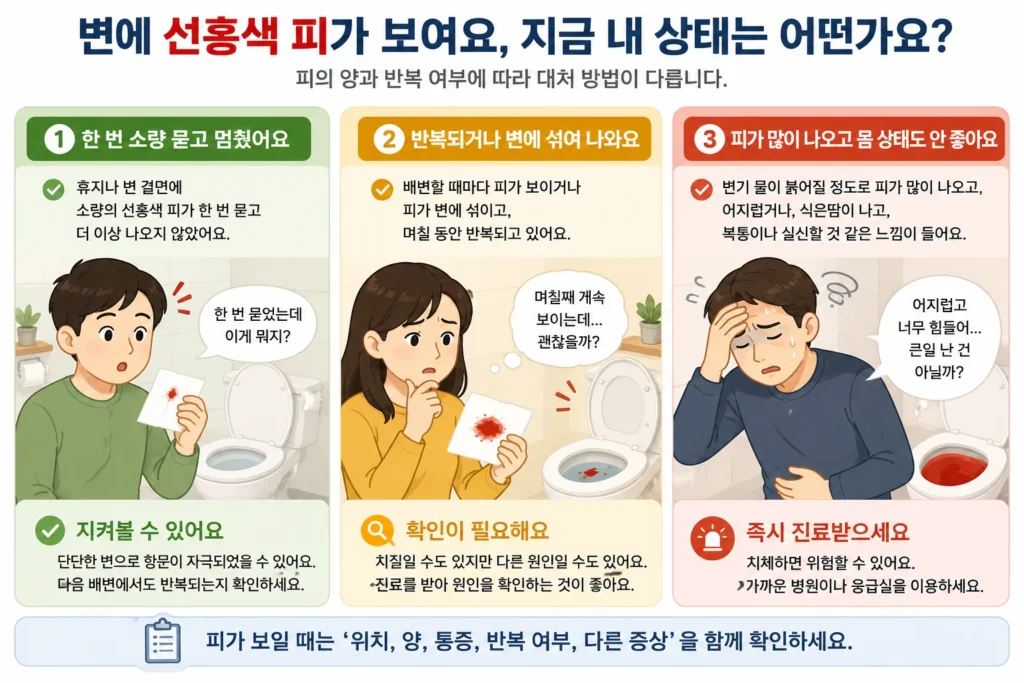 변에 선홍색 피가 한 번 소량 묻은 경우, 반복되는 경우, 많은 출혈과 어지럼증이 함께 나타나는 경우를 비교한 3단계 이미지