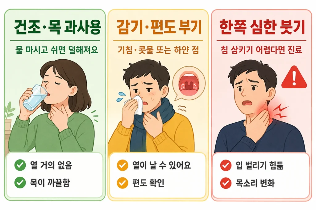 건조하거나 목을 많이 쓴 뒤 생긴 인후 자극, 감기·편도 부기, 한쪽 심한 목 부기와 삼킴 곤란을 초록·노랑·빨강 3단계로 비교한 이미지