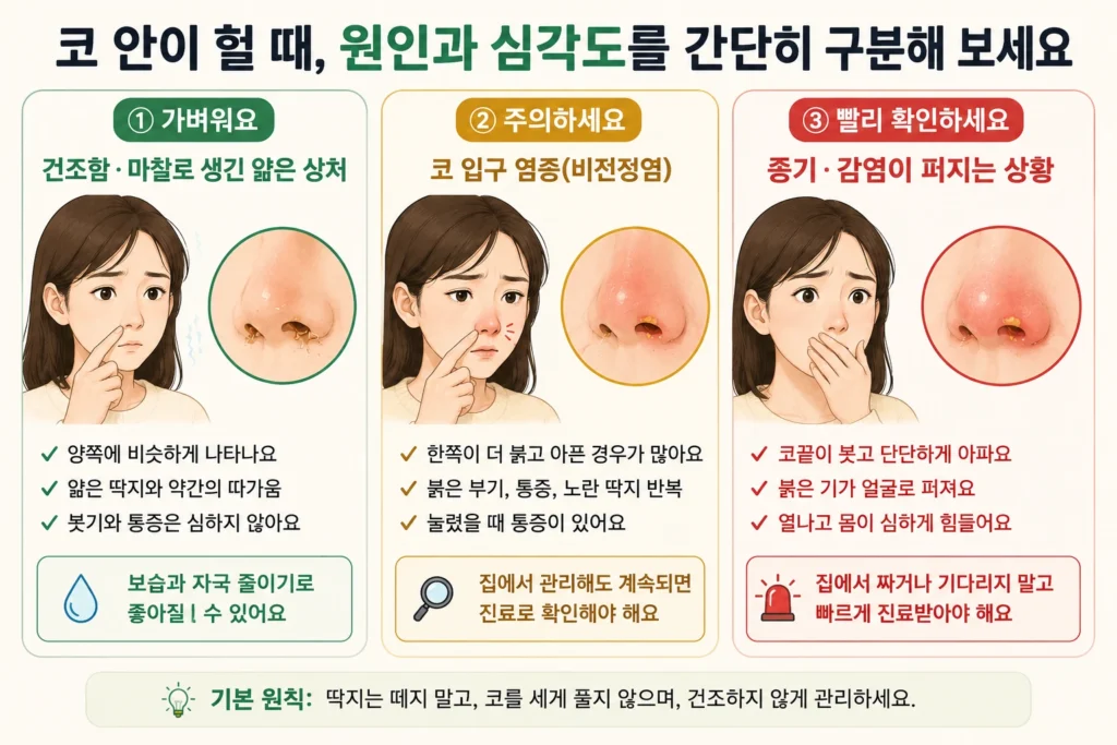코 안의 건조한 상처, 코 입구 염증, 코끝 부기와 얼굴로 번지는 감염 신호를 초록·노랑·빨강 3단계로 비교한 이미지