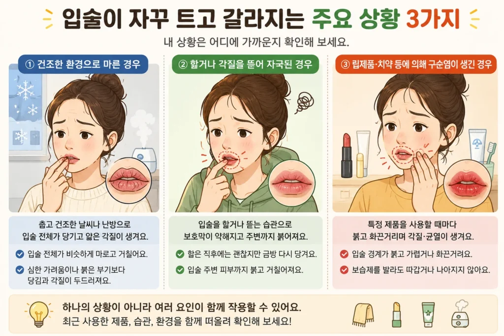입술이 자꾸 트고 갈라지는 주요 원인인 건조한 환경, 입술을 핥거나 각질을 뜯는 습관, 립제품과 치약에 의한 구순염을 비교한 이미지