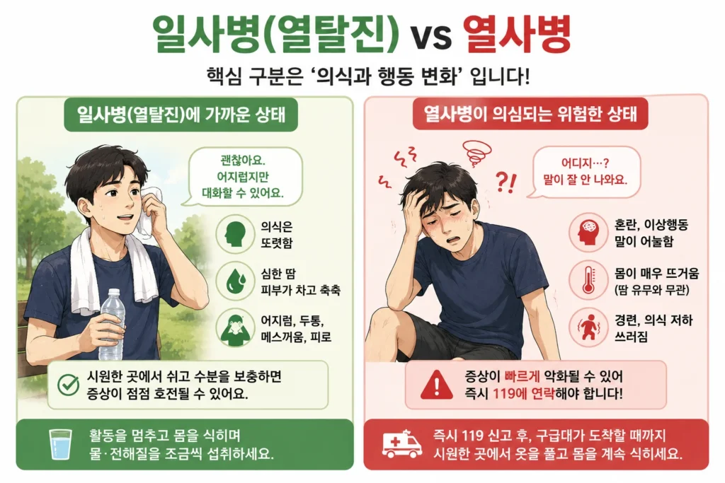 의식이 또렷하고 땀·어지럼이 나타나는 일사병과 혼란·말 어눌함·경련·의식 저하가 나타나는 열사병을 비교한 이미지