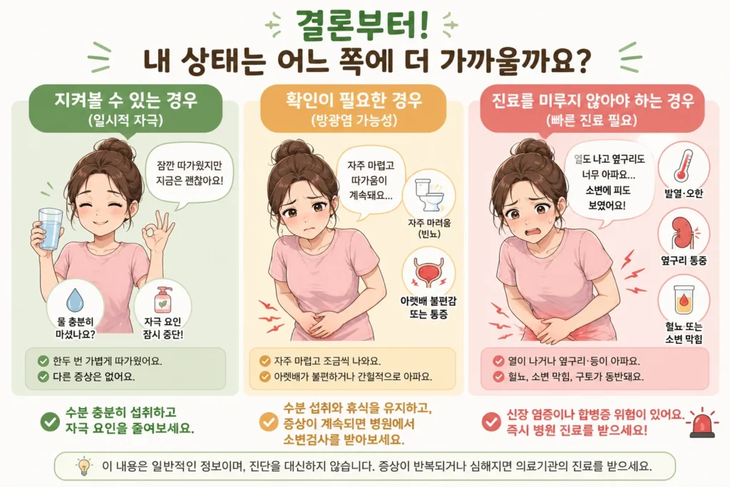 소변 볼 때 한두 번 가볍게 따가운 일시적 자극, 빈뇨와 아랫배 불편감이 함께 있는 방광염 의심, 발열·옆구리 통증·혈뇨가 있는 빠른 진료 상황을 여자 캐릭터로 비교한 이미지