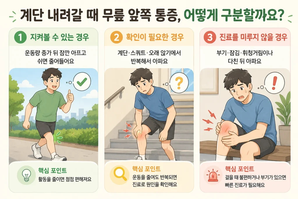 운동량 증가 뒤 쉬면 줄어드는 무릎 통증, 계단·스쿼트·오래 앉기에서 반복되는 통증, 부기·잠김·휘청거림이나 외상 후 통증을 남자 캐릭터로 비교한 이미지