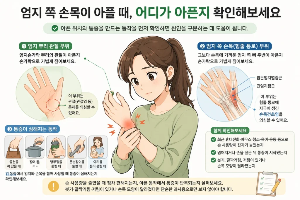 엄지 뿌리 관절과 엄지 쪽 손목 힘줄 통로의 통증 위치, 잡기·들기·비틀기에서 심해지는 동작을 대표 여자 캐릭터로 설명한 이미지