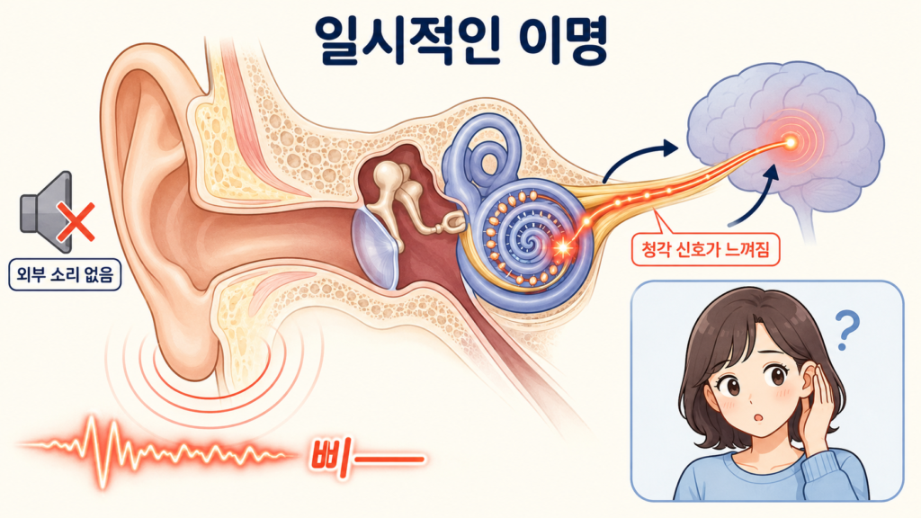 일시적인 이명으로 실제 소리 없이 귀에서 삐 소리가 들리는 원리를 설명하는 귀 단면 일러스트