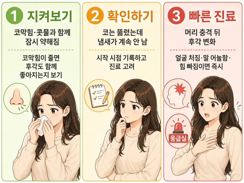 후각 저하를 코막힘과 함께 지켜볼 경우, 진료 확인이 필요한 경우, 머리 충격이나 신경 증상으로 빠른 진료가 필요한 경우를 대표 여성 캐릭터로 설명한 3단계 이미지