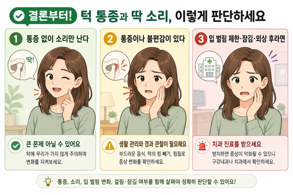 턱에서 소리만 나고 통증이 없는 경우, 통증이나 씹기 불편이 있는 경우, 입 벌림 제한·턱 잠김·외상 후 빠른 진료가 필요한 경우를 대표 여성 캐릭터로 설명한 결론부터 3단계 이미지
