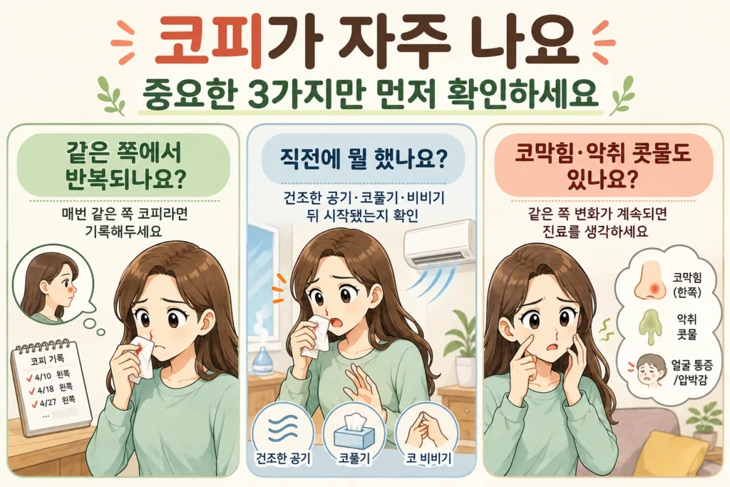 코피가 반복될 때 같은 쪽에서 나는지, 직전에 건조한 공기나 코풀기·코 비비기가 있었는지, 한쪽 코막힘·악취 나는 콧물·얼굴 통증이 함께 있는지를 대표 여성 캐릭터로 설명한 3컷 이미지