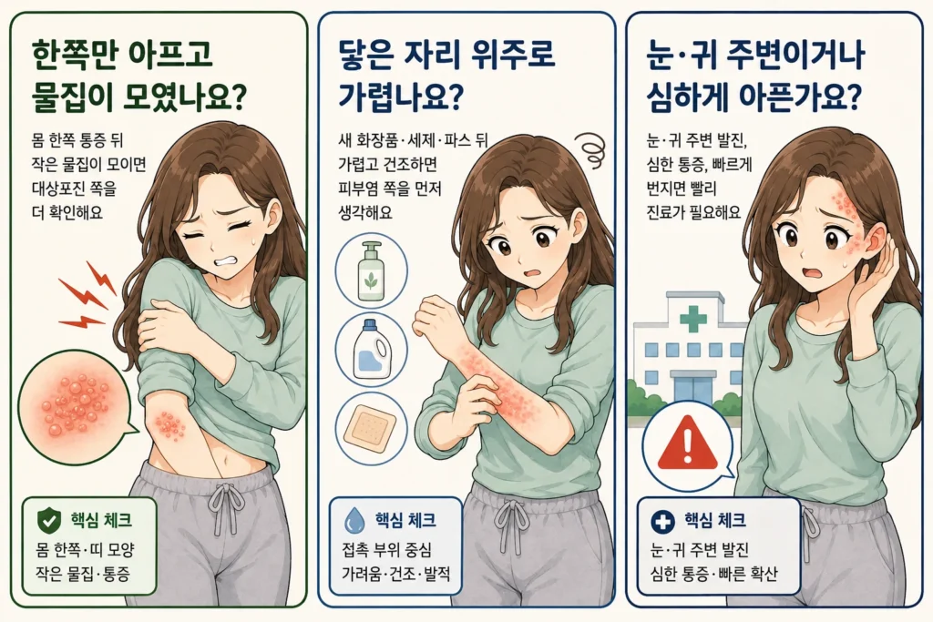 대상포진과 피부염을 구분할 때 한쪽 통증 뒤 물집이 모였는지, 접촉한 자리 위주로 가렵고 건조한지, 눈·귀 주변 발진이나 심한 통증이 있는지를 대표 여성 캐릭터로 설명한 3컷 이미지