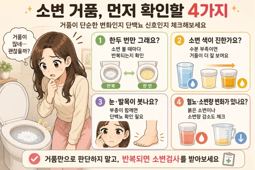 소변에 거품이 많을 때 반복 여부, 소변 색과 수분 상태, 눈·발목 부종, 혈뇨·소변량 변화를 확인하는 인포그래픽