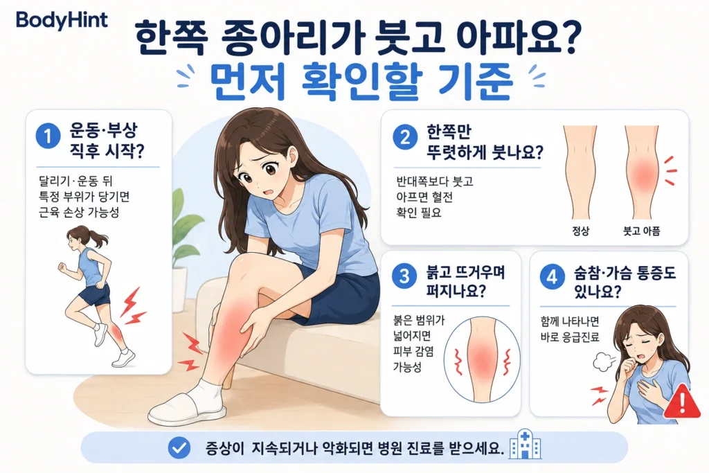 한쪽 종아리가 붓고 아플 때 운동·부상 여부, 한쪽 붓기, 피부의 붉음·열감, 숨참·가슴 통증을 확인하는 인포그래픽