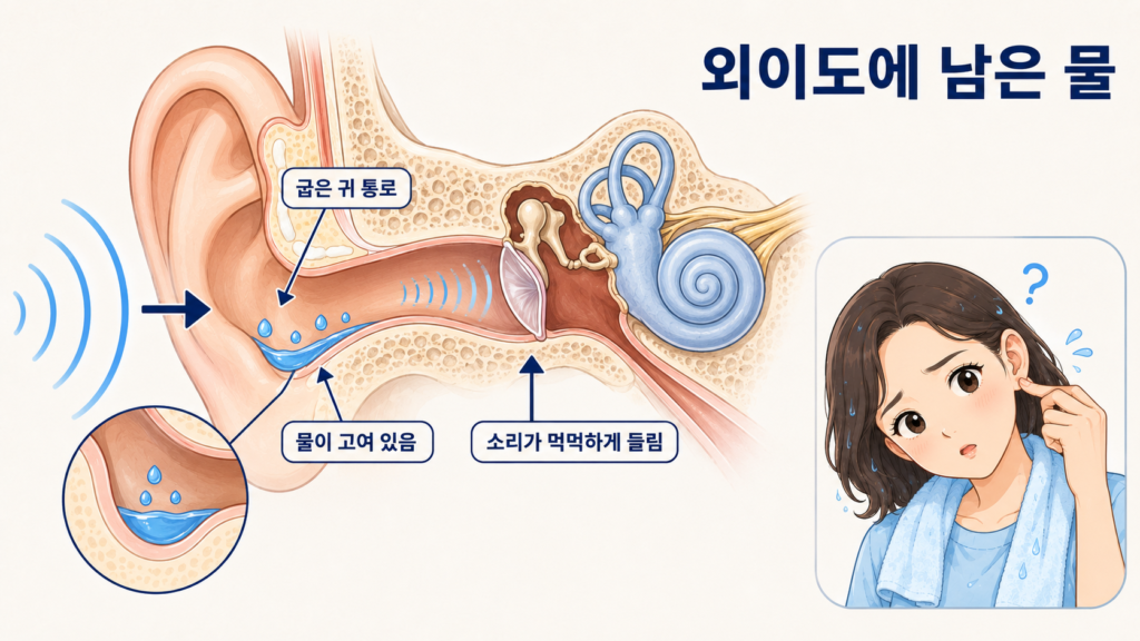 굽은 외이도 안에 물이 남아 있는 과정을 보여주는 일러스트