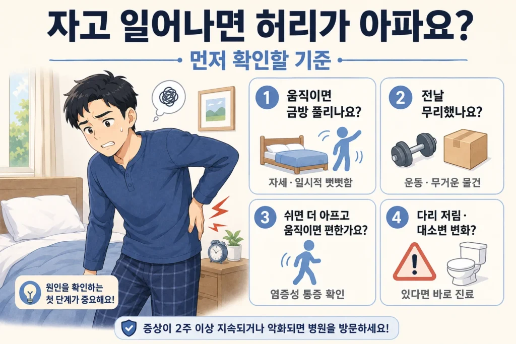 자고 일어난 뒤 허리 통증이 움직이면 풀리는지, 전날 무리한 활동이 있었는지, 쉬면 더 아픈지, 다리 저림이나 대소변 변화가 있는지를 확인하는 인포그래픽