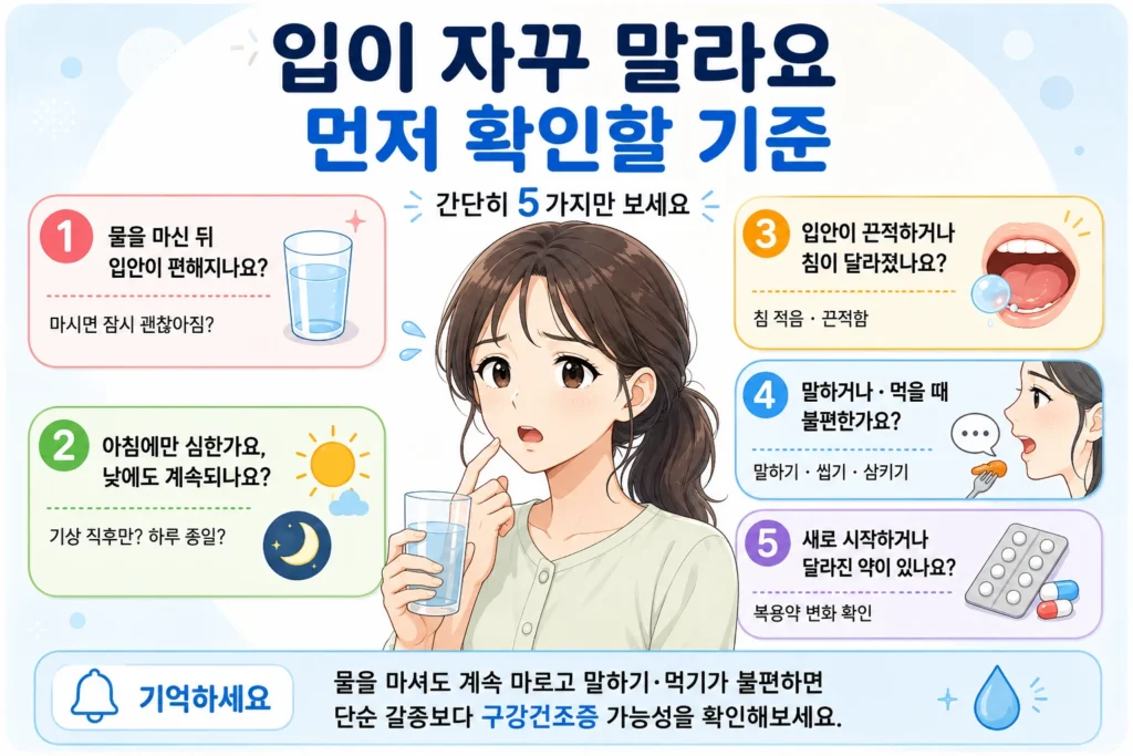 입이 자꾸 마를 때 먼저 확인할 5가지 기준을 대표캐릭터와 함께 보여주는 인포그래픽
