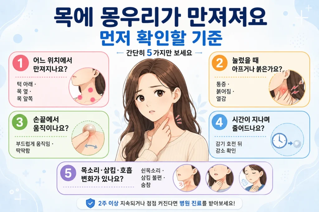 목에 몽우리가 만져질 때 위치·통증·움직임·지속 여부·목소리와 삼킴·호흡 변화를 확인하는 5가지 기준 인포그래픽