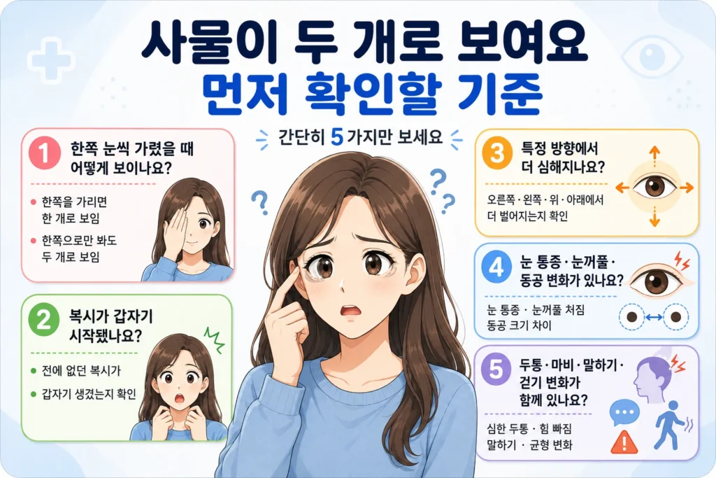 사물이 두 개로 보일 때 한쪽 눈 가리기, 갑작스러운 시작, 시선 방향, 눈꺼풀·동공 변화, 두통·마비·말하기·걷기 변화를 확인하는 5가지 기준 인포그래픽