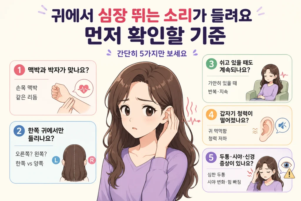 귀에서 심장 뛰는 소리가 들릴 때 맥박과 박자가 맞는지, 한쪽 귀에서만 들리는지, 쉬어도 지속되는지, 갑작스러운 청력 저하와 두통·시야·신경 증상이 있는지 확인하는 5가지 기준