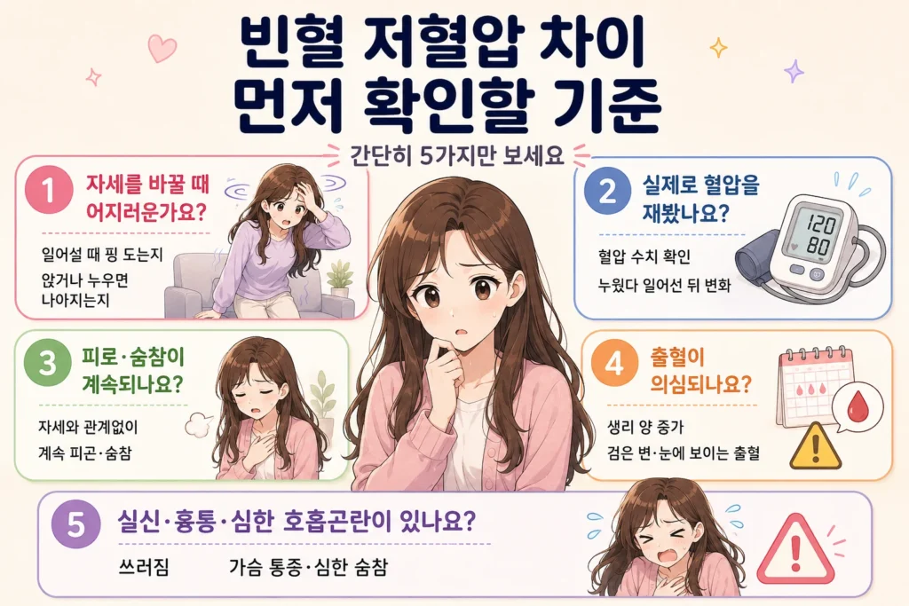 빈혈과 저혈압 차이를 구분하기 위해 자세를 바꿀 때 어지러운지, 실제 혈압을 재봤는지, 피로와 숨참이 계속되는지, 출혈이 의심되는지, 실신·흉통·심한 호흡곤란이 있는지를 긴 갈색 머리 여성 대표캐릭터와 함께 보여주는 먼저 확인할 기준 이미지