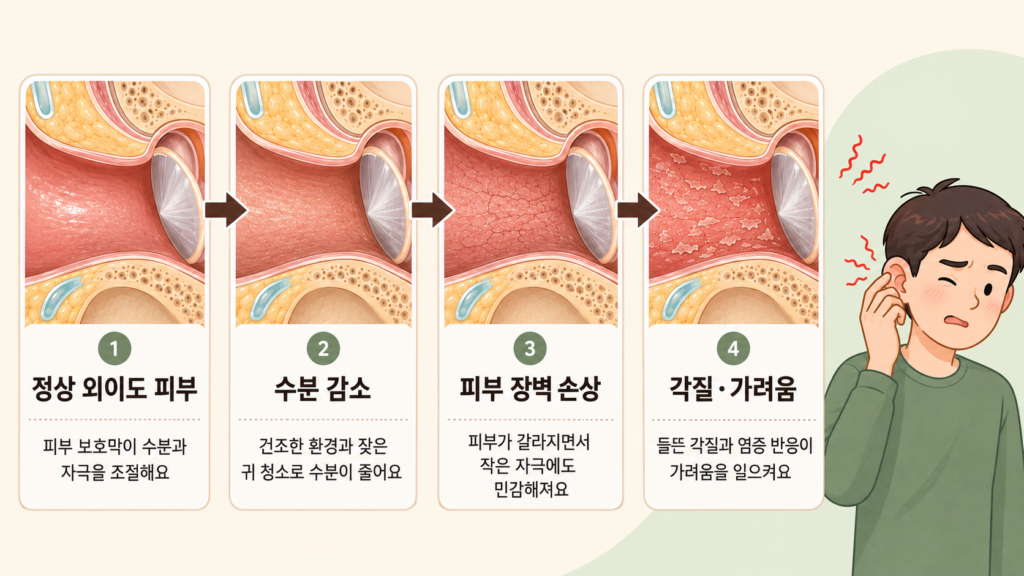 외이도 피부의 수분 감소와 피부 장벽 손상으로 각질과 가려움이 생기는 과정을 설명한 일러스트