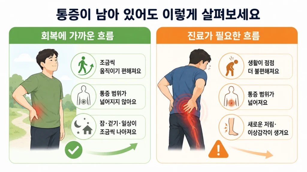 허리 통증이 남아 있어도 움직임과 일상이 조금씩 편해지는 회복 흐름과, 생활이 불편해지고 통증 범위와 저림이 넓어져 진료가 필요한 흐름을 비교한 이미지
